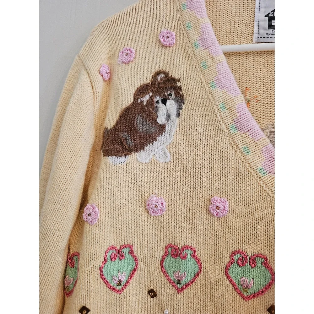 Storybook Knits Lhasa Apso Dog Cardigan Sweater grandmacore Embroidered medium - Picture 3 of 11